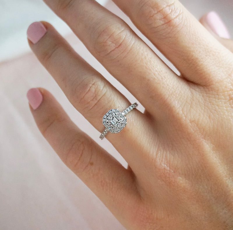 Double Halo Ring With Emerald Cut Diamond Diamond