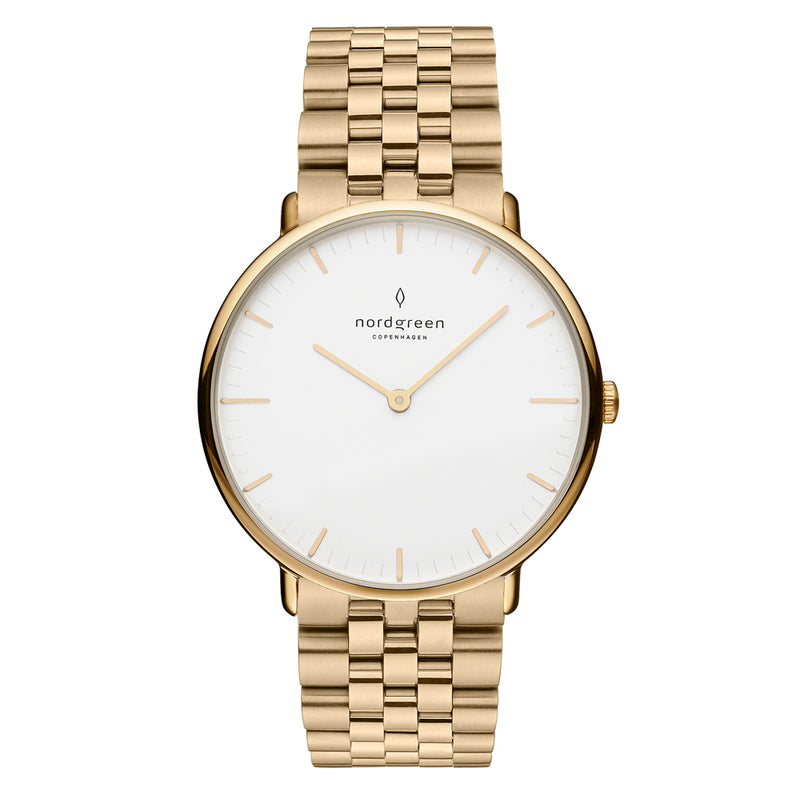 Nordgreen Native White 32mm Dial Gold Watch with 5-link Gold Strap