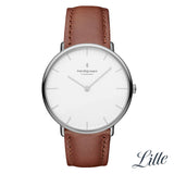Nordgreen Native White 40mm Dial Silver Watch with Brown Leather Strap