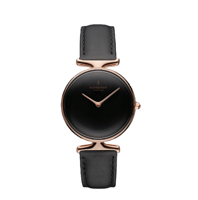 Nordgreen Unika Rose Gold Plated Case Leather Band Black Dial 32mm