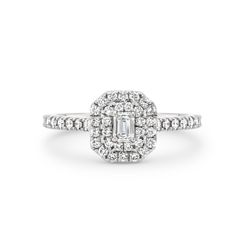 Double Halo Ring With Emerald Cut Diamond Diamond