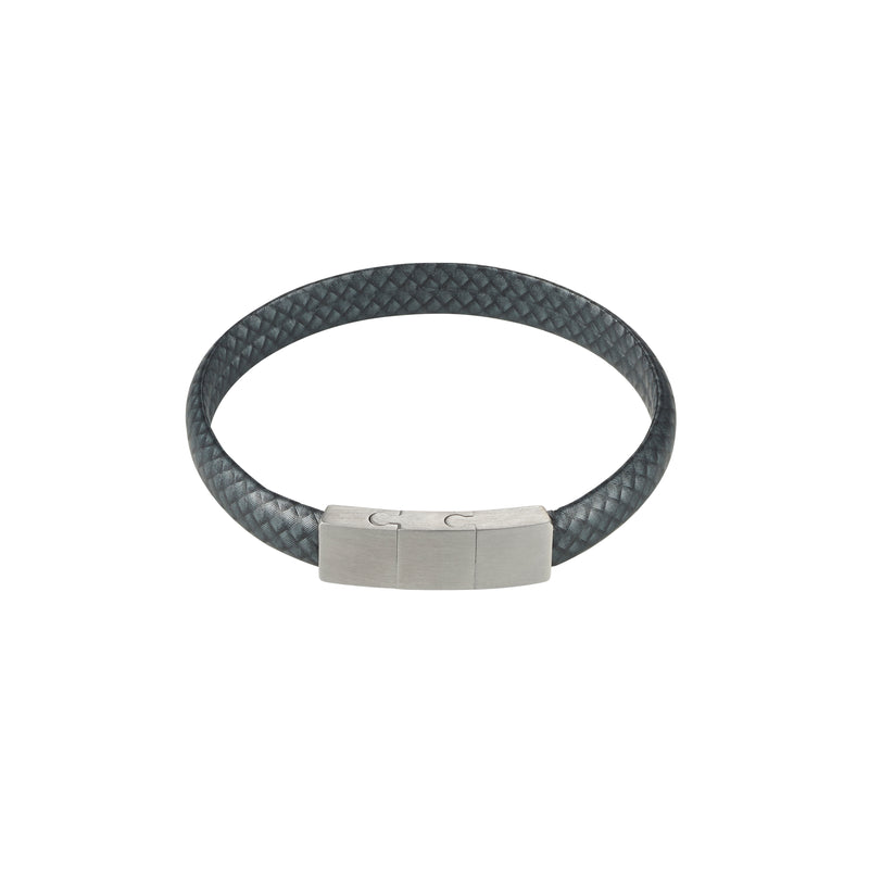 Thin Navy Leather Stainless Steel Bracelet