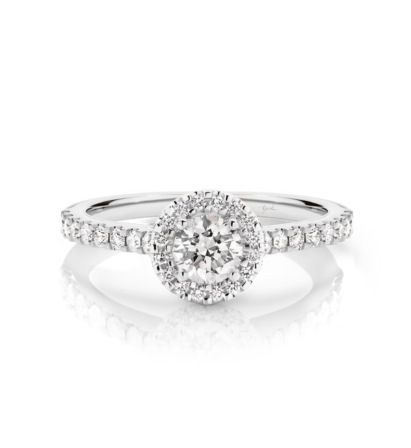 Laura-White Gold-Round Brilliant Cut Diamond Halo Engagement Ring with Diamond Set Band