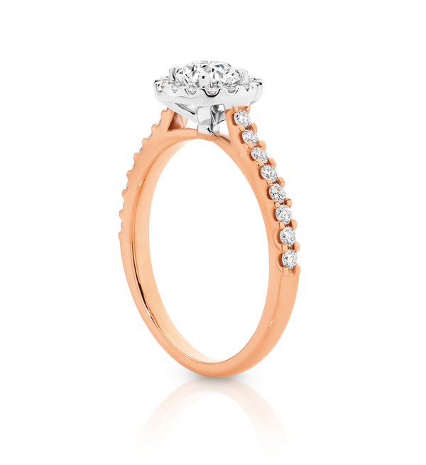 Laura-Rose Gold-Round Brilliant Cut Diamond Halo Engagement Ring with Diamond Set Band
