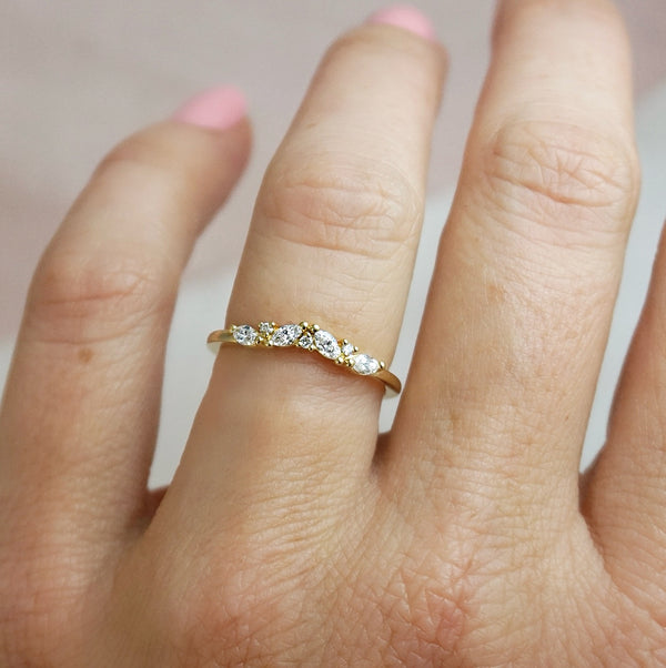 Slightly Curved Claw Set Diamond Yellow Gold Wedding Ring