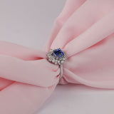 18ct white gold sapphire and diamond halo dress ring presented in York Jewellers pink, Penrith and Warriewood (Sydney).