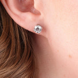 18ct white gold diamond stud earrings worn on ear showing elegant claw set natural diamond sparkle available at York Jewellers Penrith and Warriewood (Sydney). 
