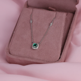 18ct white gold necklace featuring 1 emerald (0.67ct) and 44 diamonds (0.25ct total diamond weight), available at York Jewellers Penrith and Warriewood (Sydney).