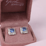 18ct white gold fancy double halo stud earrings featuring natural sapphires and diamonds available at York Jewellers Penrith and Warriewood (Sydney).