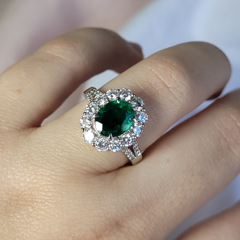 Natural Emerald & Diamond Spilt Band Fancy Halo Ring