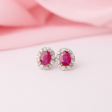 Natural Ruby & Diamond Oval Halo Stud Earrings