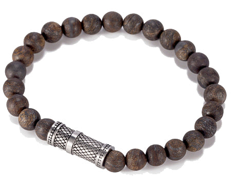 Bronzite Stone 8mm Bracelet with Ion Plated Black Lattice Pattern Stainless Steel