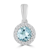 9ct white gold aquamarine and diamond halo pendant, available at York Jewellers Penrith and Warriewood (Sydney).