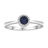 9ct white gold ring featuring a sapphire centre stone surrounded by 19 diamonds, available at York Jewellers Penrith and Warriewood (Sydney).
