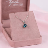 9ct white gold solitaire pendant featuring natural round London blue topaz available at York Jewellers Penrith and Warriewood (Sydney).