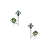 9ct white gold Starlet Earrings featuring a single sapphire hoop and a floral cluster hoop with natural Australian teal and blue sapphires, available at York Jewellers Penrith and Warriewood (Sydney).
