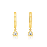 9ct yellow gold drop huggie earrings featuring bezel set lab grown trilliant cut diamonds available at York Jewellers Penrith.