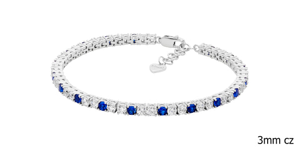 Sterling Silver Blue & White Cubic Zirconia Tennis Bracelet with Extension Chain