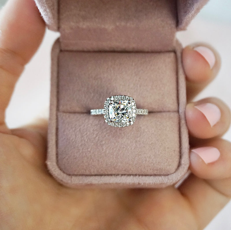 Claire-White Gold-Cushion Cut Diamond Halo Engagement Ring with Diamond Set Band