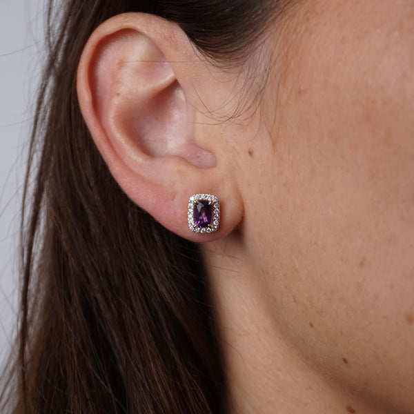 Yellow Gold Amethyst and Diamond Halo Stud Earrings