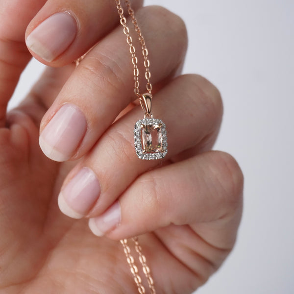 Morganite and Diamond Halo Pendant