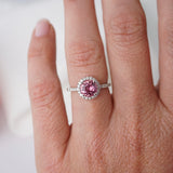 Pink Sapphire and Diamond Halo Ring