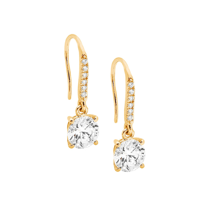 Gold Plated Cubic Zirconia Round Shepherd Hook Drop Earrings