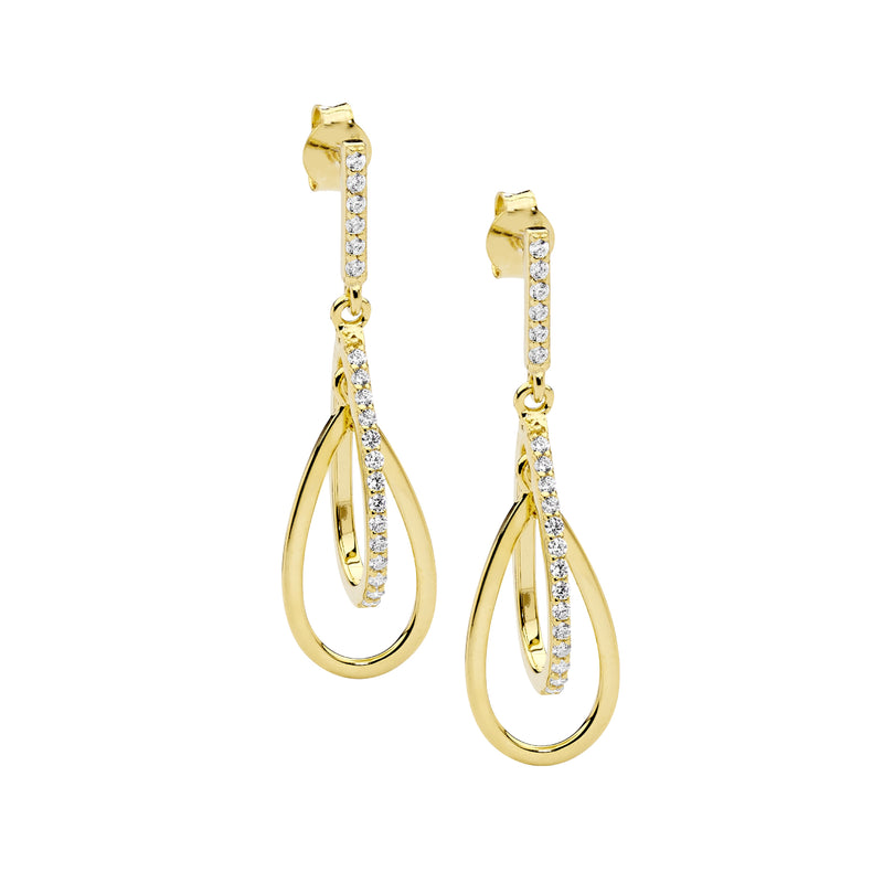 Cubic Zirconia Double Open Tear Drop Earrings With Gold Plating