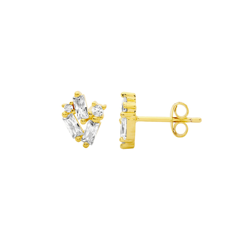 Sterling Silver Staggered Round & Baguette Cubic Zirconia Stud Earrings with Gold Plating