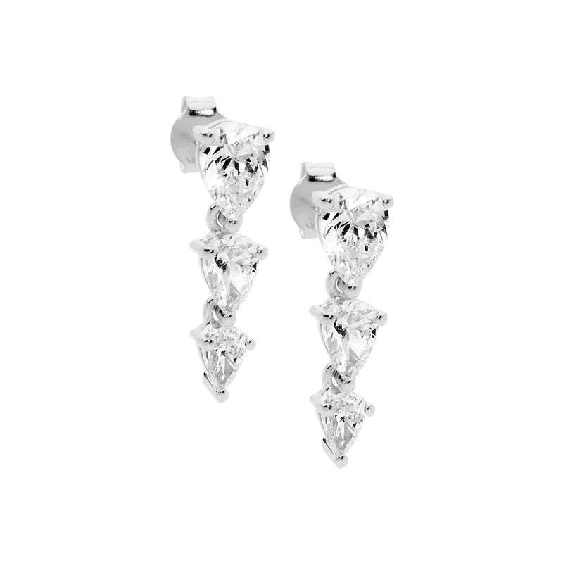 Sterling Silver 3 Pear White Cubic Zirconia Drop Earrings