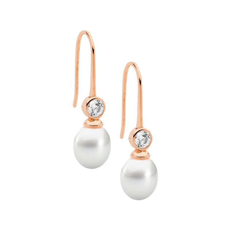 Sterling Silver 4mm Bezel White Cubic Zirconia with Freshwater Pearl Shepherd Hook Earrings with Rose Gold Plating