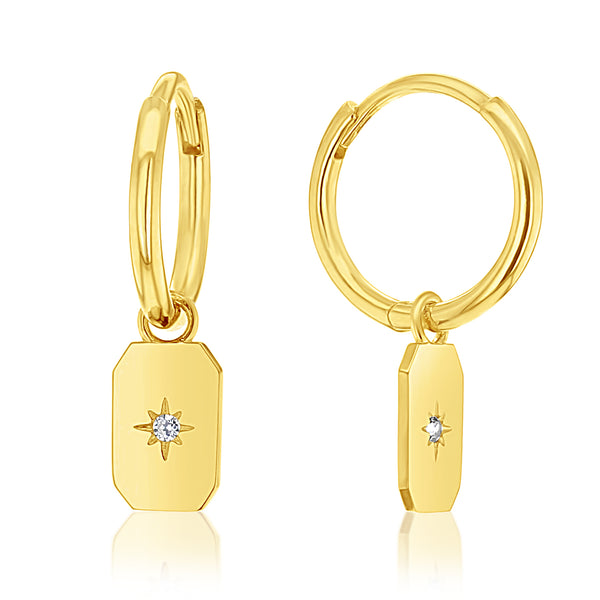 Huggie Earrings with Sliding Rectangle Cubic Zirconia Drop