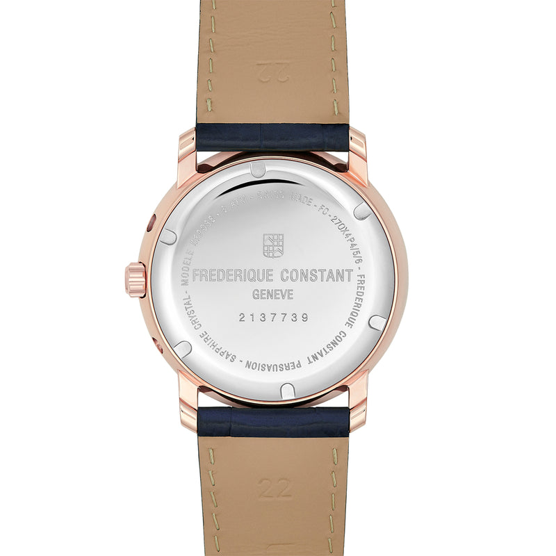 Frederique Constant Classic Index Business Timer Gents Rose Gold with Blue Dial Quartz Chronograph Watch with Blue Leather Strap