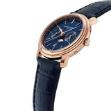 Frederique Constant Classic Index Business Timer Gents Rose Gold with Blue Dial Quartz Chronograph Watch with Blue Leather Strap