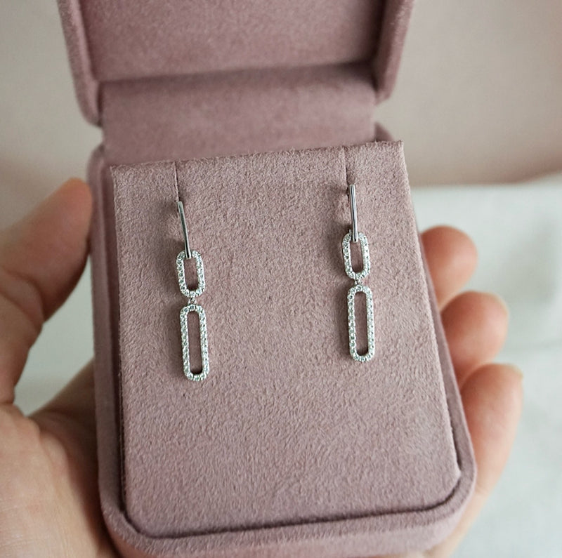 18ct White Gold Paper Clip Diamond Drop Earrings
