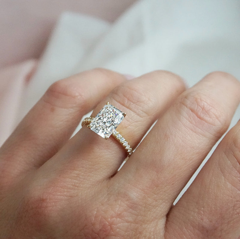 Renee-Radiant Shape Diamond Engagement Ring with Diamond Set Band in Yellow Gold