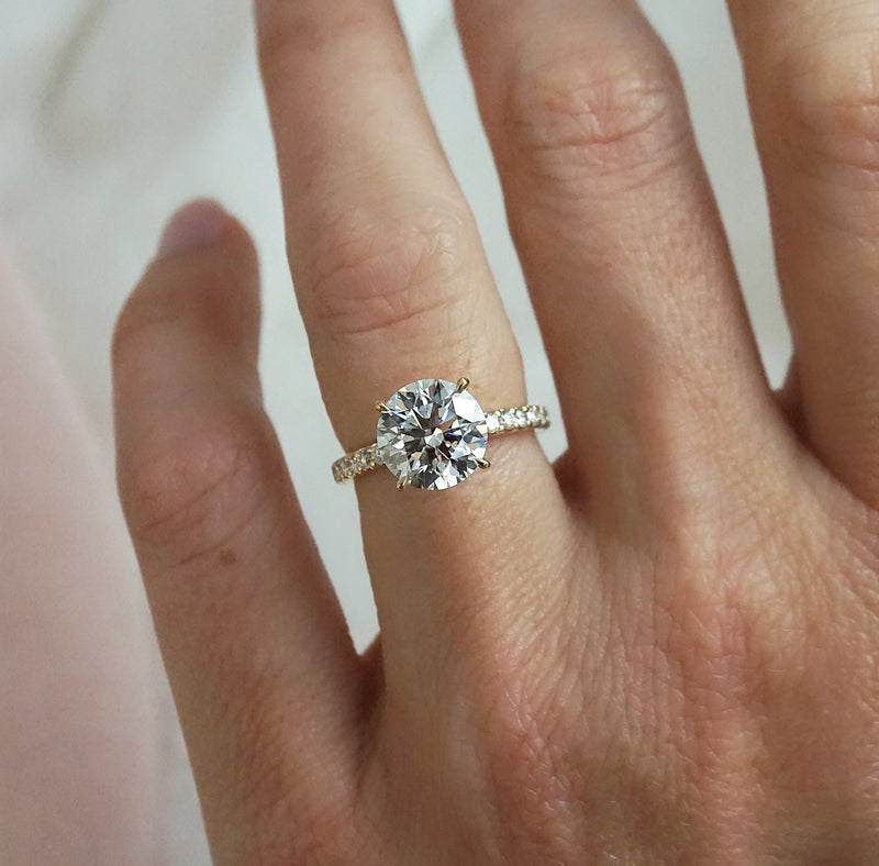 Angelina-Yellow Gold-Round Brilliant Cut Four Claw Set Diamond Engagement Ring with Diamond Set Band