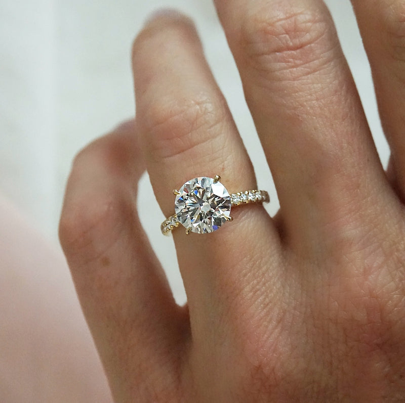 Angelina-Yellow Gold-Round Brilliant Cut Four Claw Set Diamond Engagement Ring with Diamond Set Band