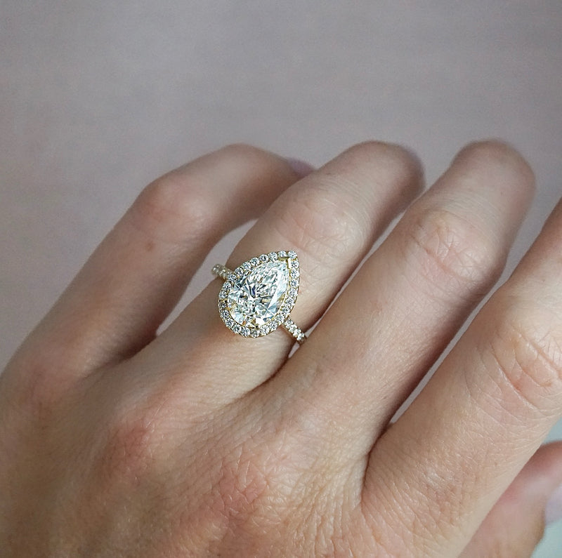 Madison-Pear Shape Diamond Halo Engagement Ring with Diamond Set Band in Yellow Gold