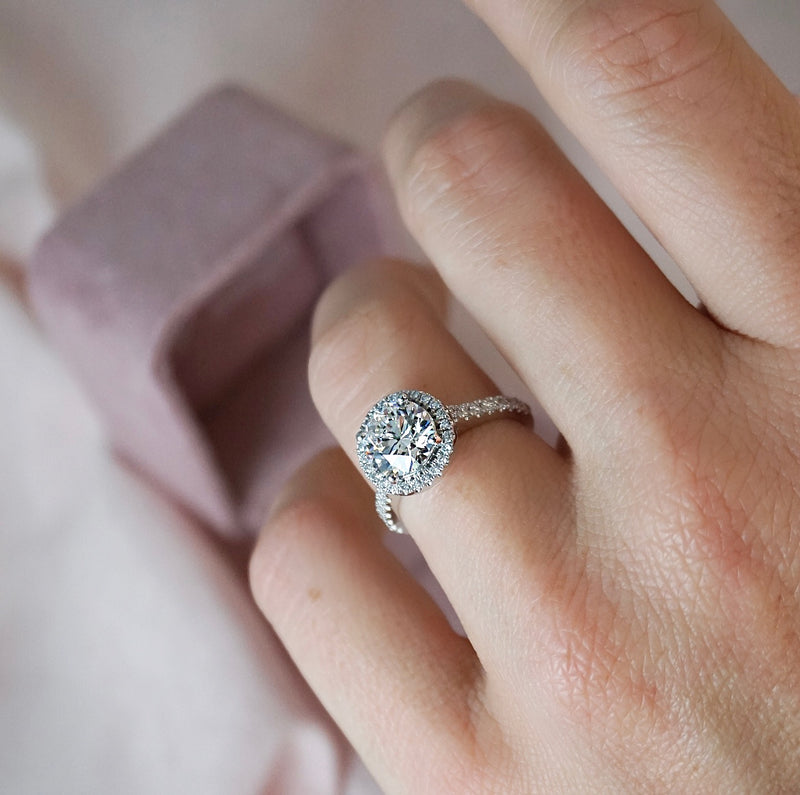 Laura-White Gold-Round Brilliant Cut Diamond Halo Engagement Ring with Diamond Set Band