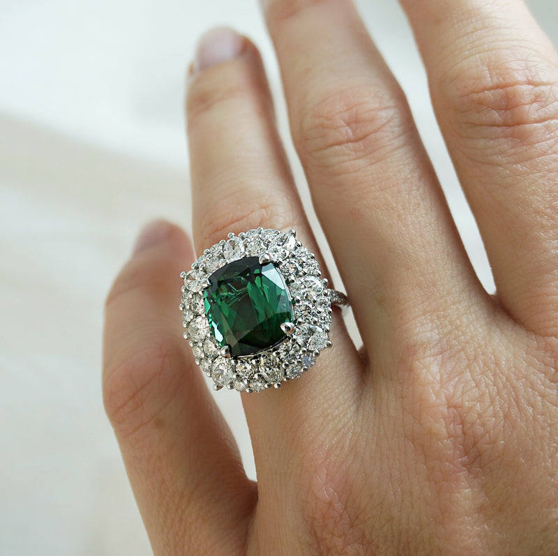 'Madame de Pompadour' Green Tourmaline & Diamond Double Halo Ring