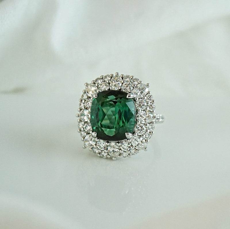 'Madame de Pompadour' Green Tourmaline & Diamond Double Halo Ring