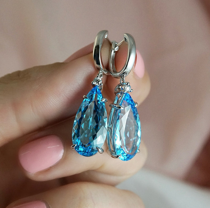Blue Topaz & Diamond Huggie Drop Earrings