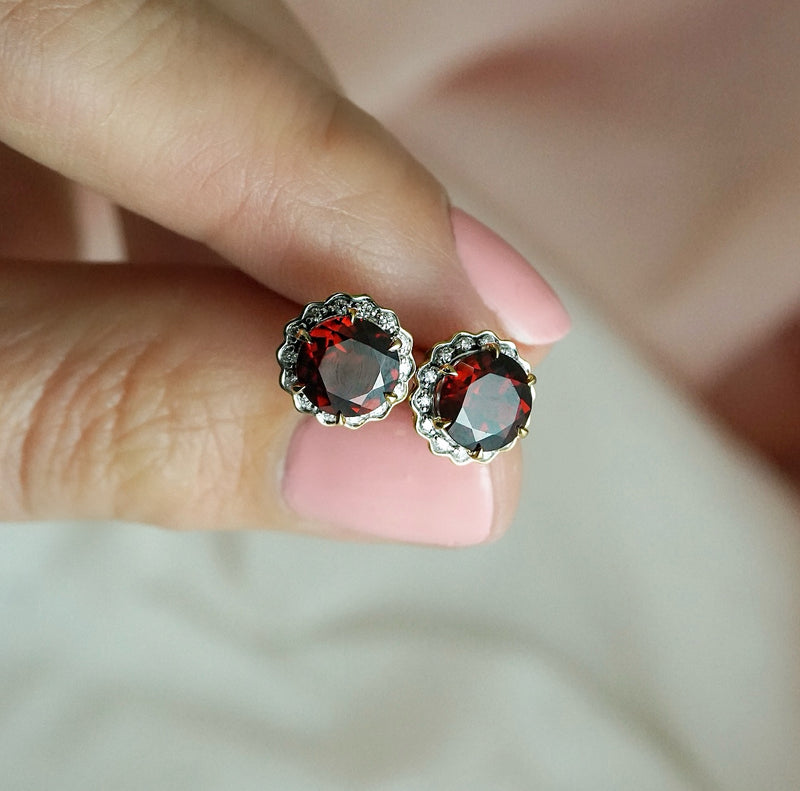 Garnet & Diamond Fancy Halo Stud Earrings