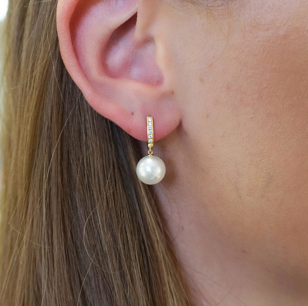South Sea Pearl & Diamond Drop Huggie Earrings
