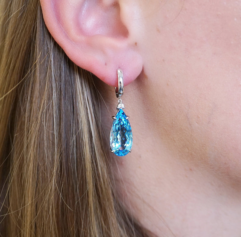 Blue Topaz & Diamond Huggie Drop Earrings