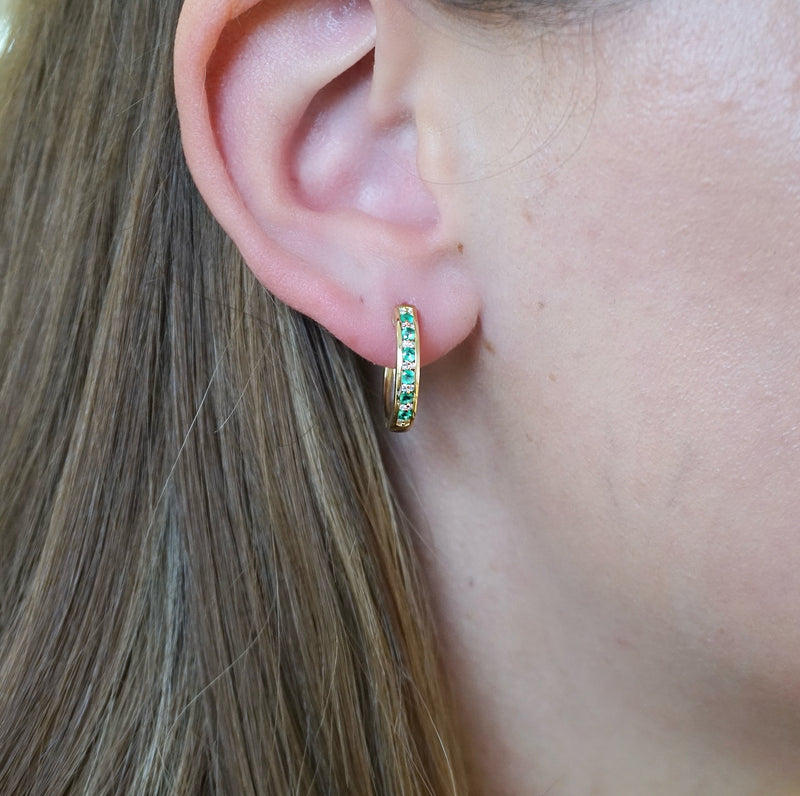 Emerald & Diamond Huggie Hoop Earrings