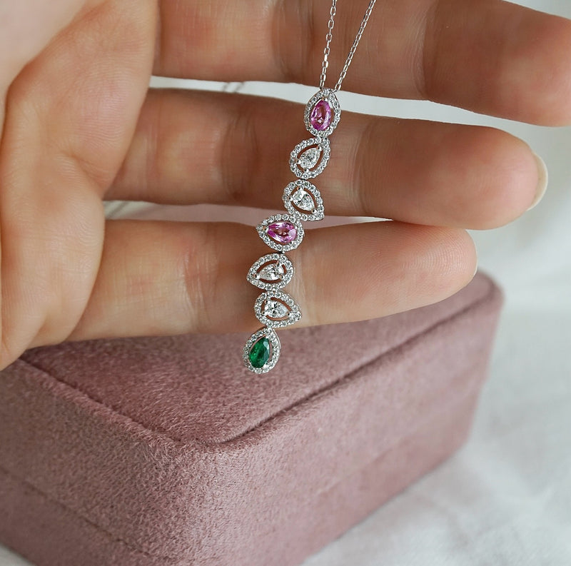 Pink Sapphire, Emerald and Diamond Pear Shape Drop Pendant