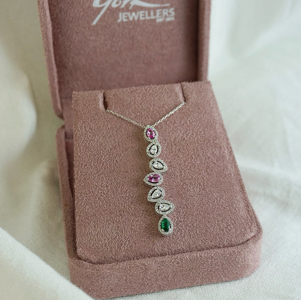 Pink Sapphire, Emerald and Diamond Pear Shape Drop Pendant