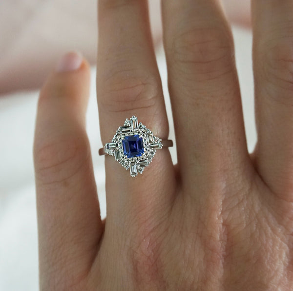 Blue Sapphire & Diamond Fancy Halo Ring